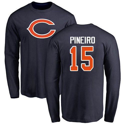 Chicago Bears Men Navy Blue Eddy Pineiro Name and Number Logo NFL Football #15 Long Sleeve T Shirt